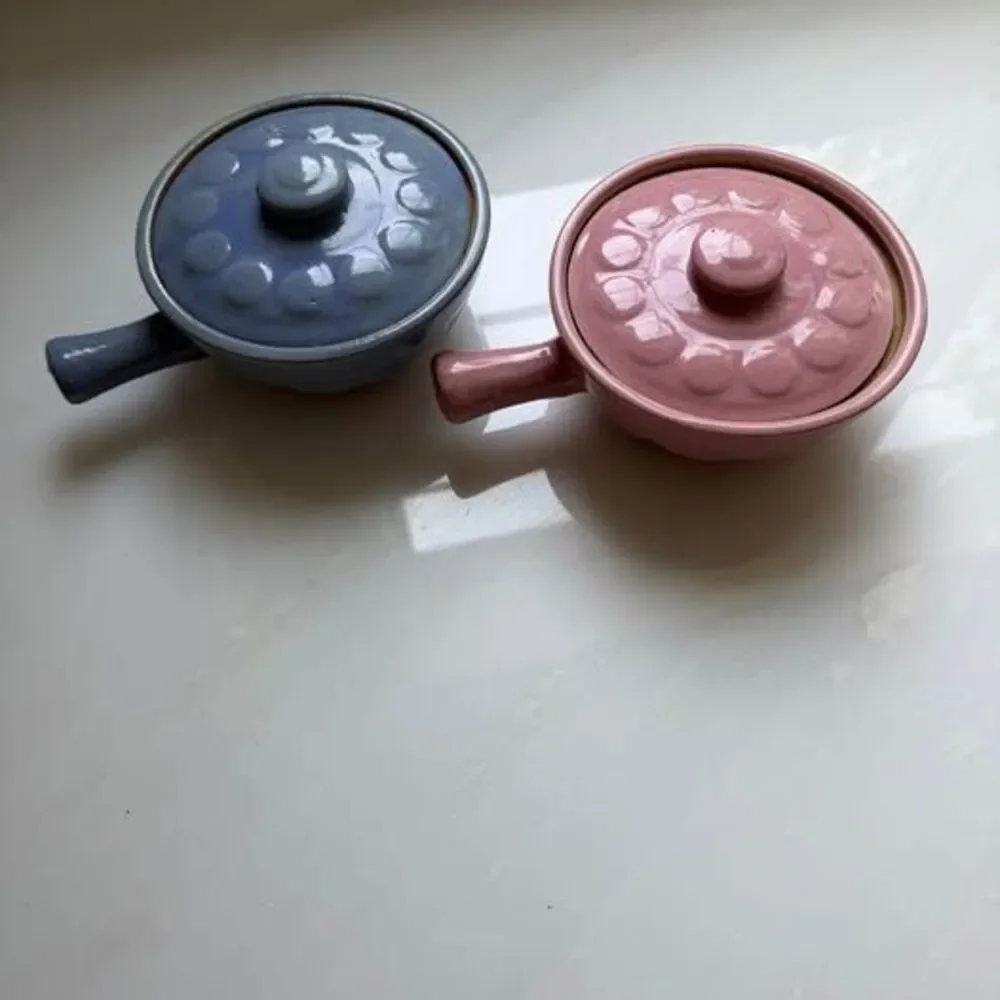 Vintage 1950’s BluePink Stoneware Casserole Soup Bowl Handle & Lid Made IN USA